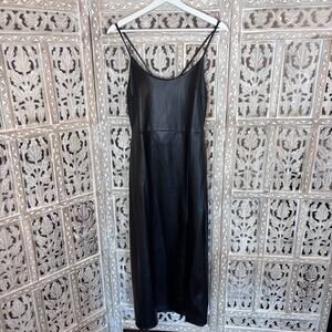 Cerule Dress Black Side Leg Slit faux leather LBD Cocktail Party Midi Goth SZ M